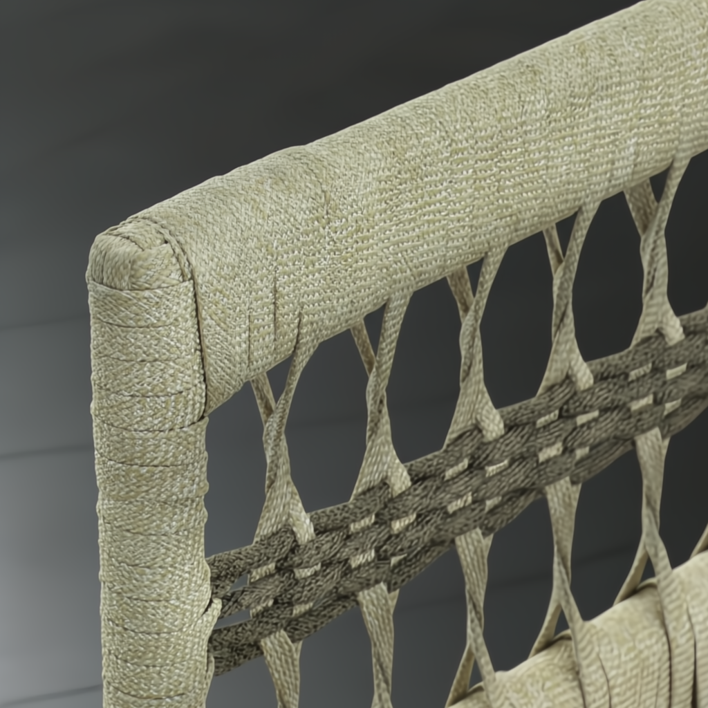 Close-up of Surya Winder Sectional Left Arm's cream woven Sunbrella upholstery and aluminum frame.