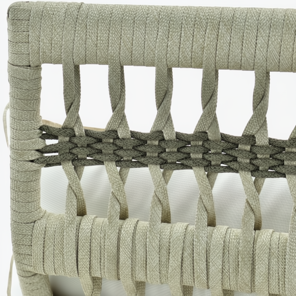 Close-up of Winder Sectional's handwoven PE rope detail in cream and gray, with Sunbrella acrylic upholstery.