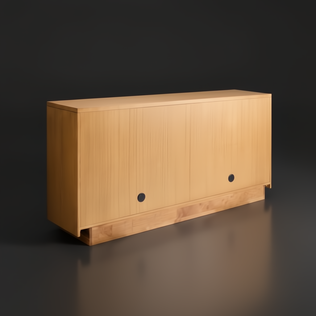 Surya Lulea Cabinet: Beige natural ash wood veneer storage cabinet with 3D patterned doors and push-to-open mechanism.