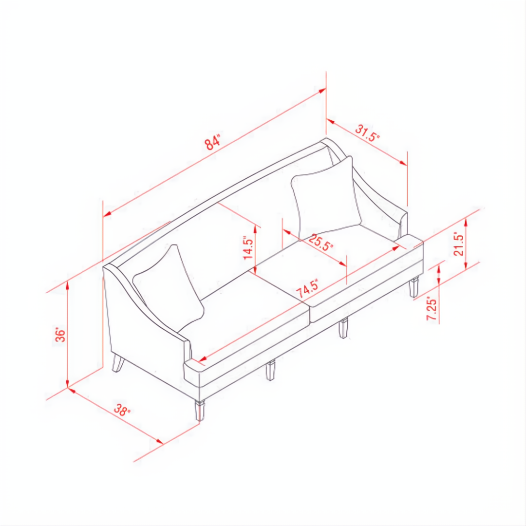 Technical drawing of the Surya Maywood Sofa, showing its 36"H x 84"W x 38"D dimensions.