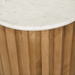 Surya Piestra end table with white marble top and brown zigzag fluted mango wood base.