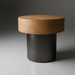 Surya Russula End Table with a round brown oak top and metallic nickel iron base.