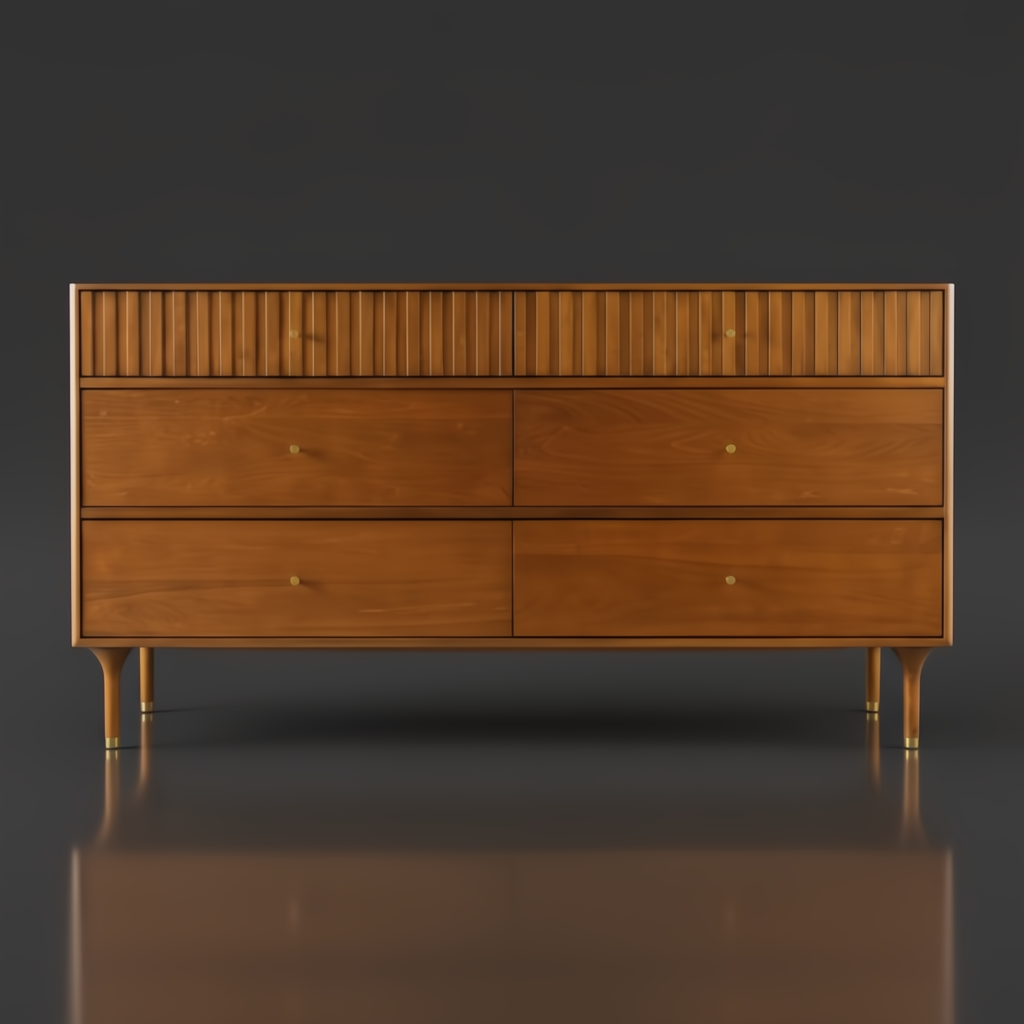 Madri 62" wide brown dresser with minimalist modern design, fluted top drawer panel, and brass pulls.