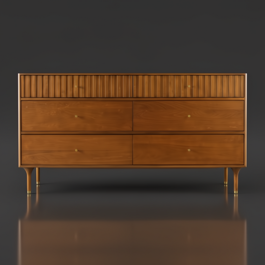 Madri 62" wide brown dresser with minimalist modern design, fluted top drawer panel, and brass pulls.
