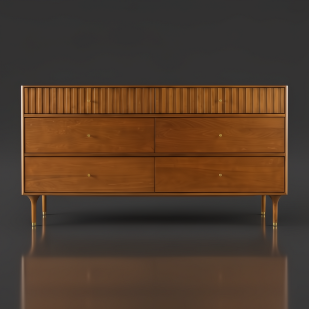 Madri 62" wide brown dresser with minimalist modern design, fluted top drawer panel, and brass pulls.