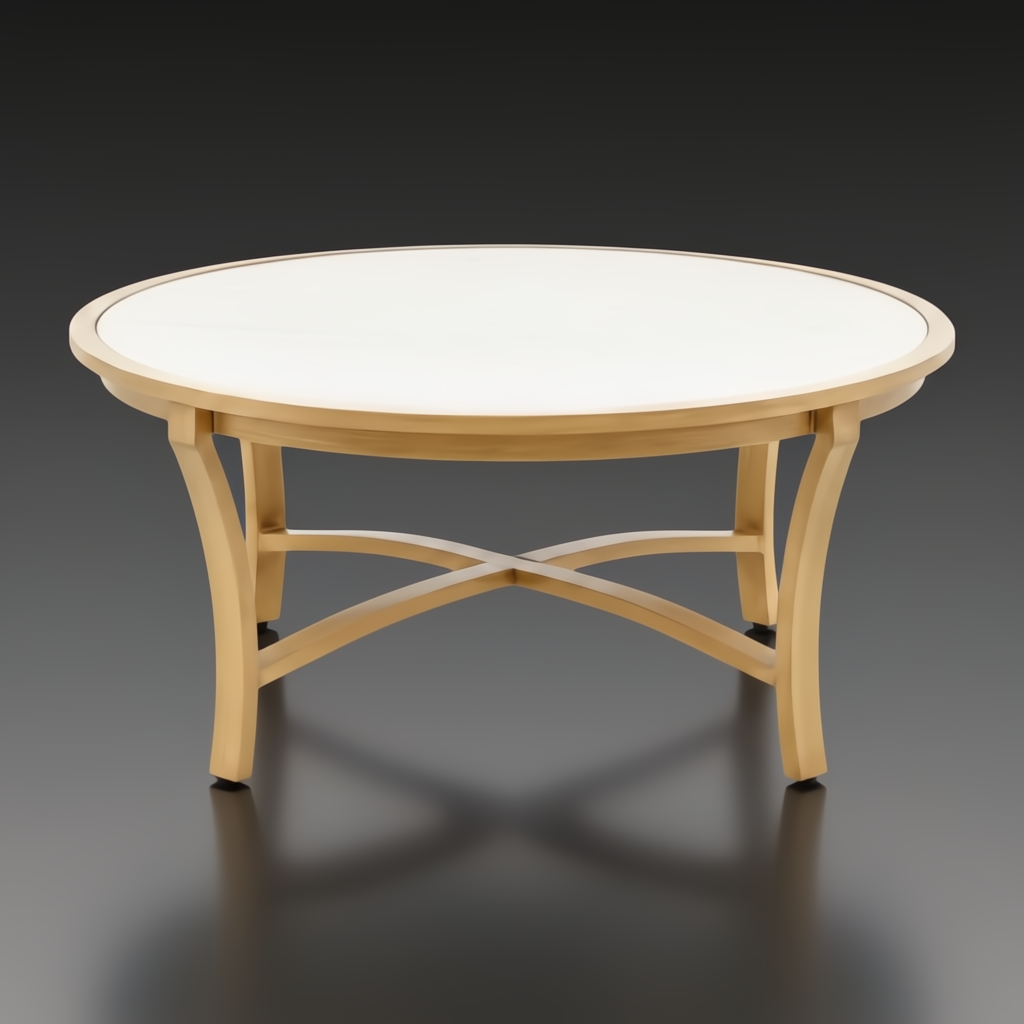 Round Surya Cape Town coffee table with a light beige stone top and wheat-colored aluminum base.