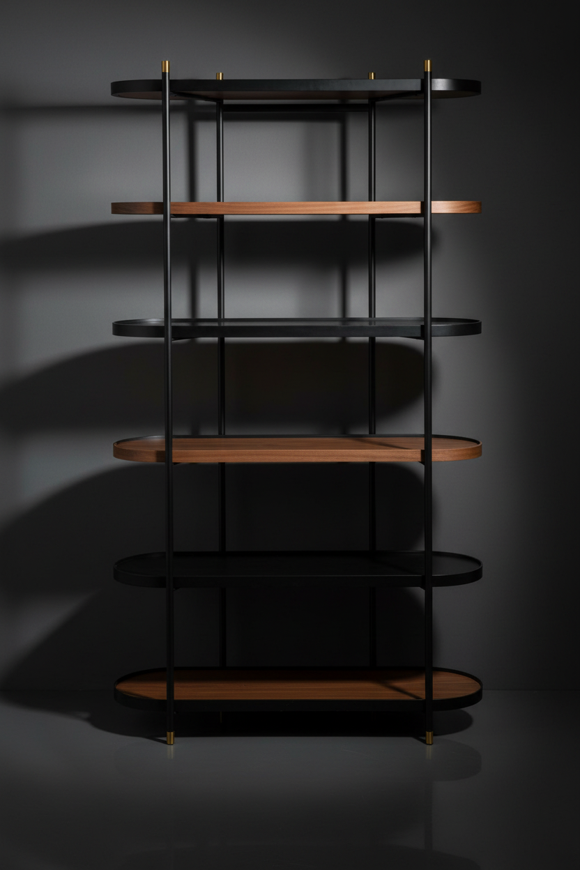 Modern Surya Pearson bookcase with dark brown wood, black tinted glass, and brass accents.