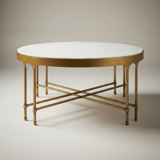 Surya Engel round coffee table with white marble top and metallic brass iron base.
