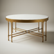 Surya Engel round coffee table with white marble top and metallic brass iron base.
