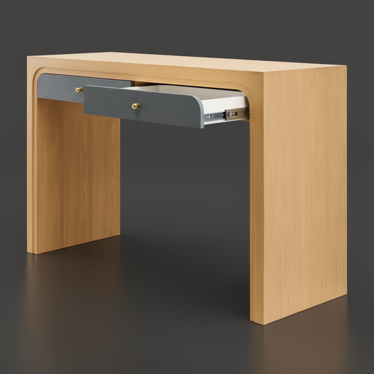 Surya Helene console table: brown lacquered oak veneer, blue grasscloth drawers with brass knobs.
