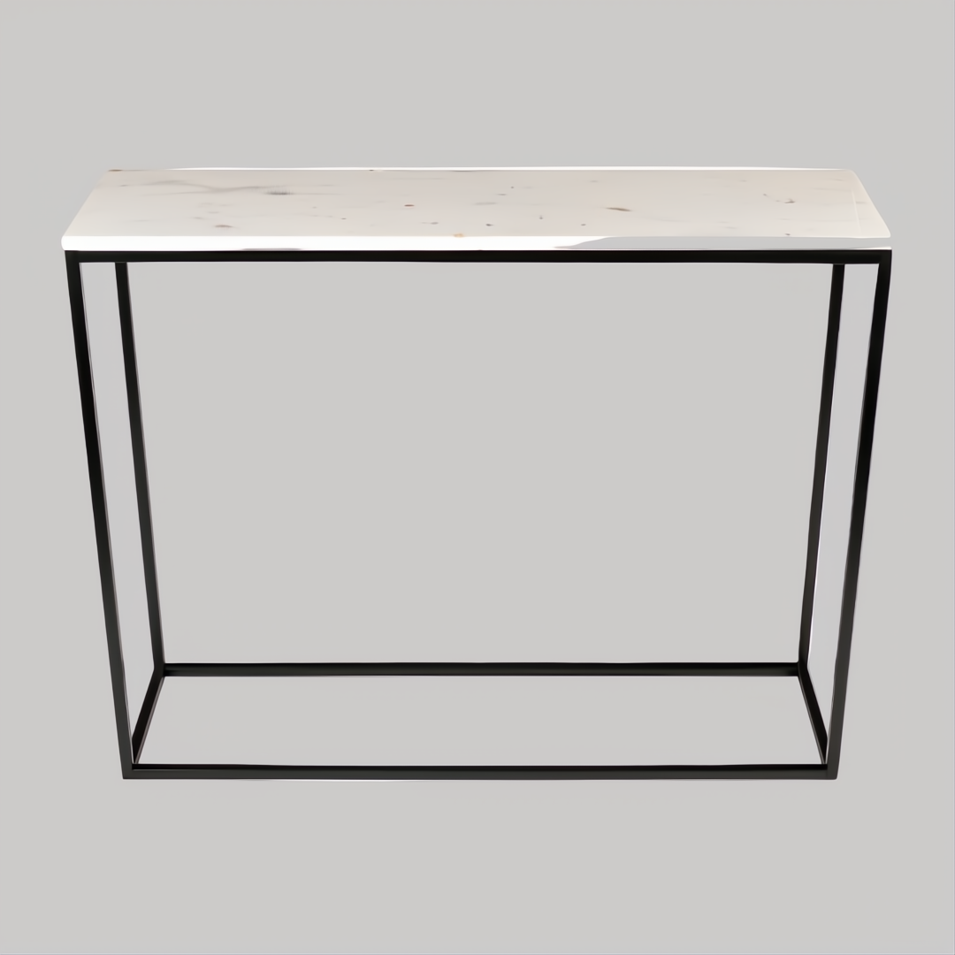 Surya Aryaa Console Table with white natural marble top and black powder-coated iron base.