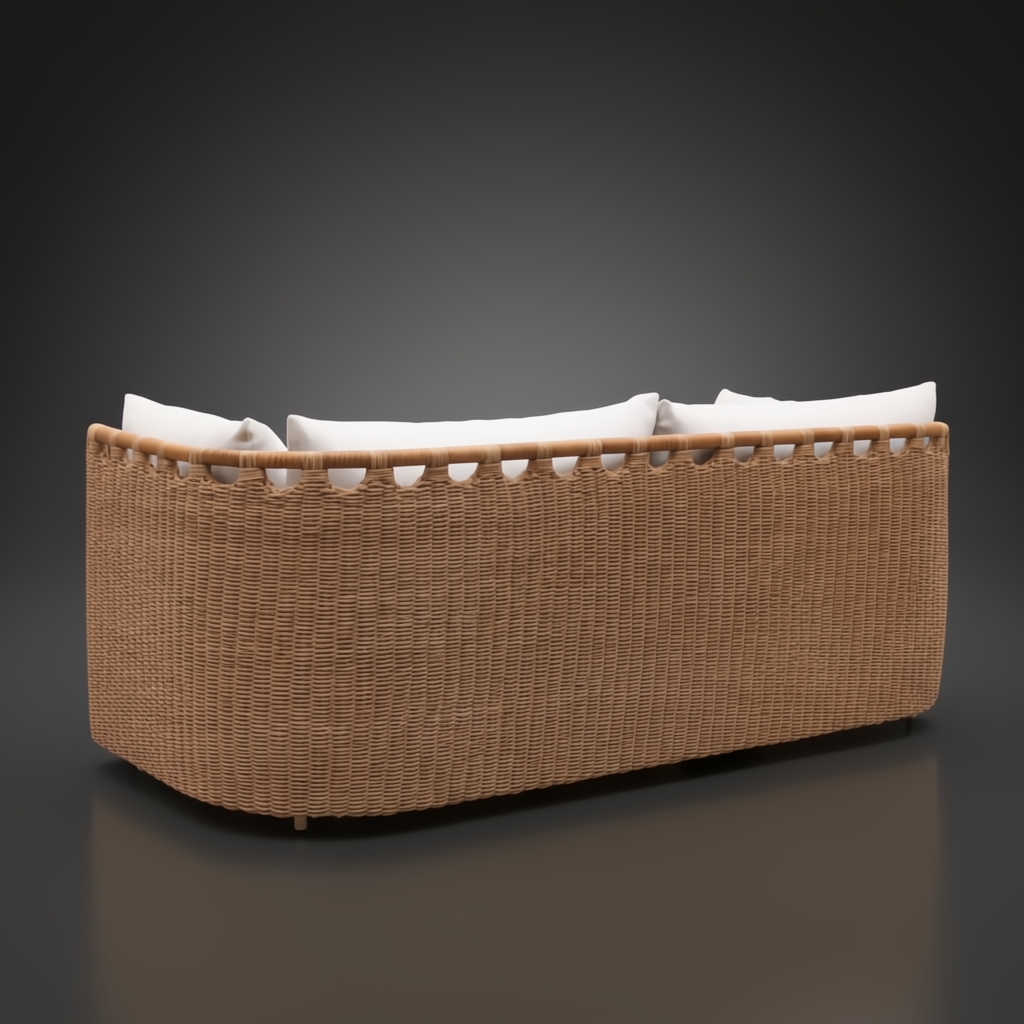 Marvella outdoor sectional with light brown woven wicker base and white cushions.