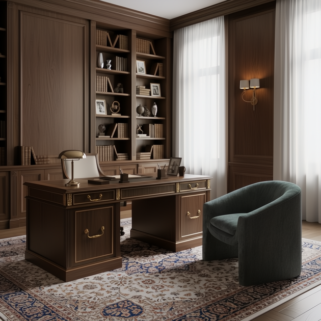 Teal Surya Cascadia accent chair with a compact profile in a classic wood-paneled office.