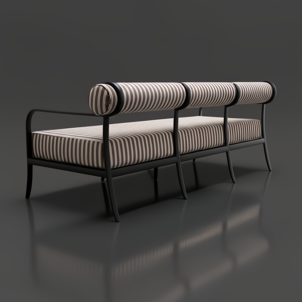 Surya Antibes outdoor sofa with brown and beige striped Sunbrella® cushions and a black aluminum frame.