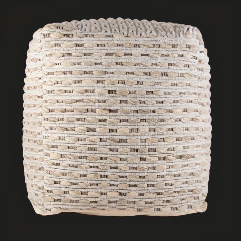 Surya Lanier NIPF-003 pouf, a woven cube with natural wool and polybead fill, featuring a textured, handcrafted design.
