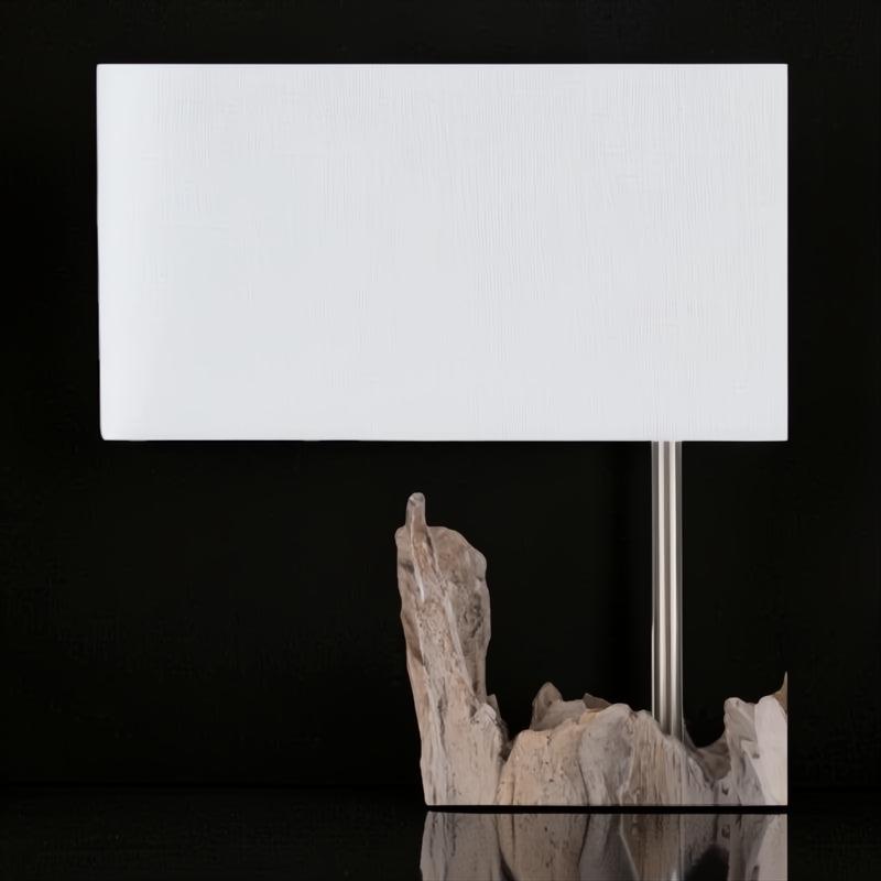 Darby Accent Table Lamp with a rectangular white fabric shade and a sculptural, natural wood-look base.