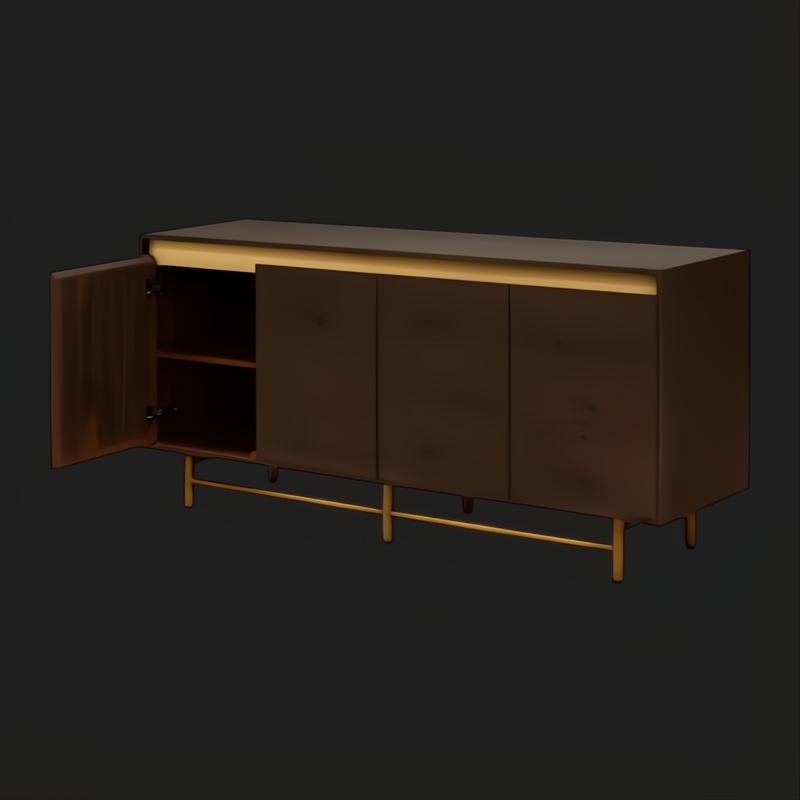 Scandinavian modern Molander sideboard with brown stained oak veneer top, metallic brass legs, and open soft-close door.