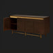 Scandinavian modern Molander sideboard with brown stained oak veneer top, metallic brass legs, and open soft-close door.