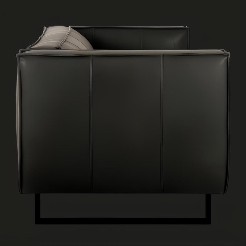 Surya Dylan charcoal top grain leather sofa with black iron base and modern design.