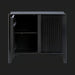 Black mango wood Surya Ronan cabinet with a ribbed door and an open soft-close door revealing an adjustable shelf.