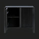 Black mango wood Surya Ronan cabinet with a ribbed door and an open soft-close door revealing an adjustable shelf.