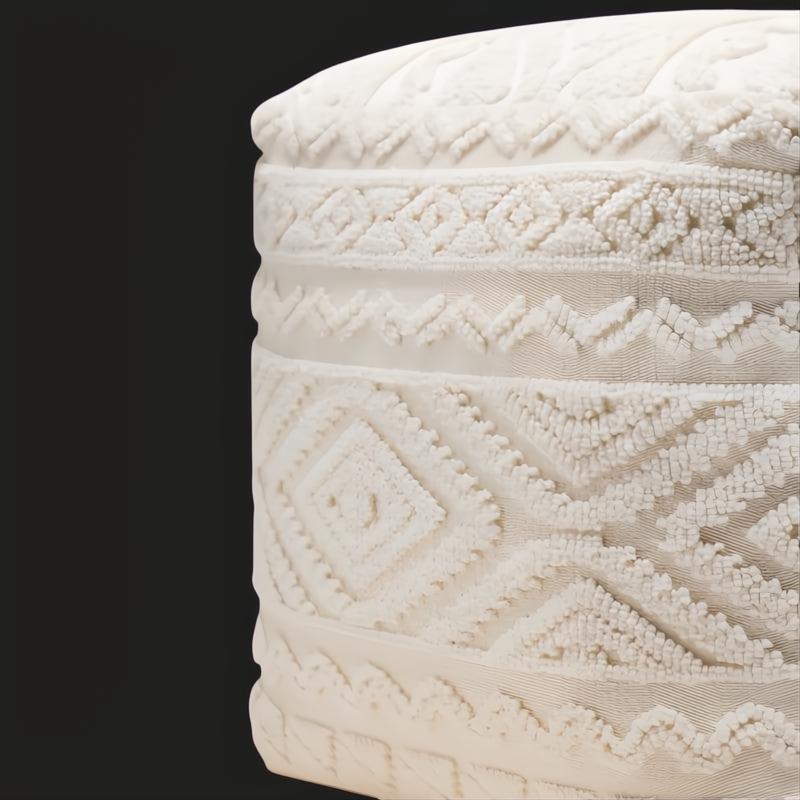 Surya Matthew knitted ivory pouf with textured geometric patterns, a modern casual accent.