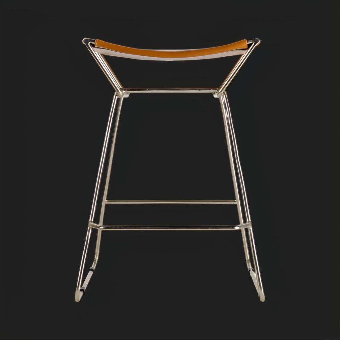 Modern Surya Celerio counter stool with brown leather top and metallic bronze iron base.