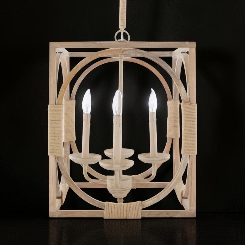 Surya Braylee 4-light chandelier with a light wood frame, rope accents, and candelabra bulbs.