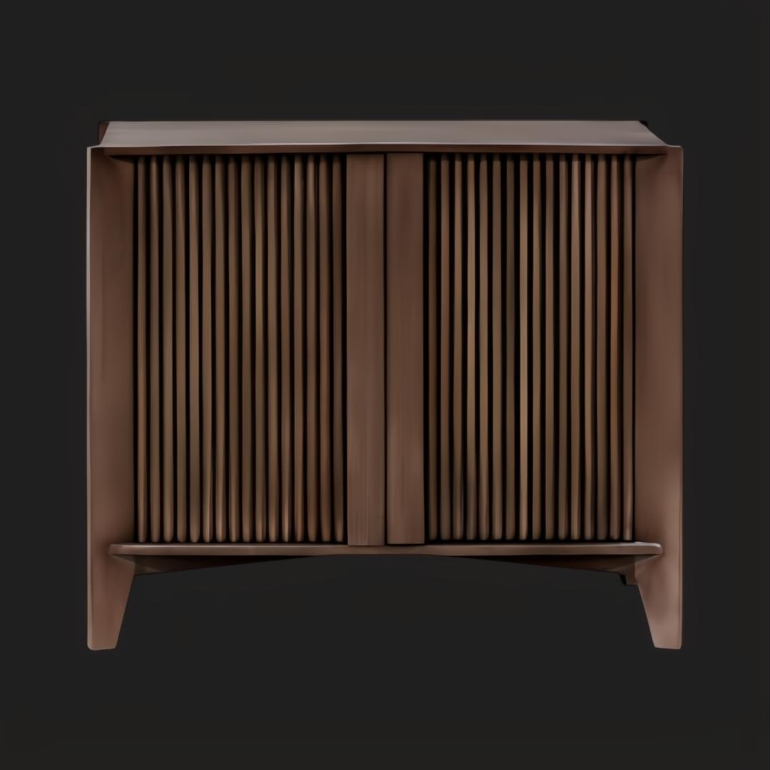 Surya Ronan RNO-003 brown lacquered mango wood cabinet with vertical slat doors and a modern, minimalist design.