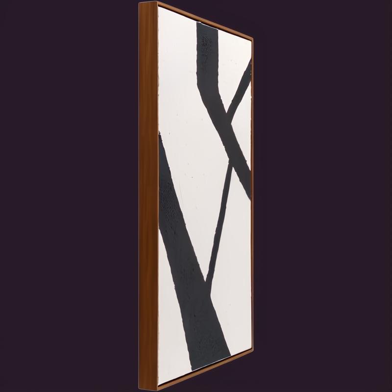 Surya Aasmaa AAM-004 wall art: vertical abstract black lines on white canvas with a brown frame.
