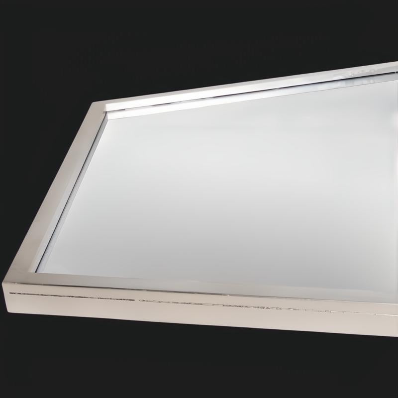 Surya Adams elongated wall mirror with a gilded metallic silver iron frame and beveled glass.