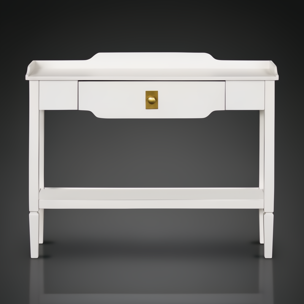 White Surya Doheny console table with a soft-close drawer, gold knob, gallery top, and shallow tray shelf.