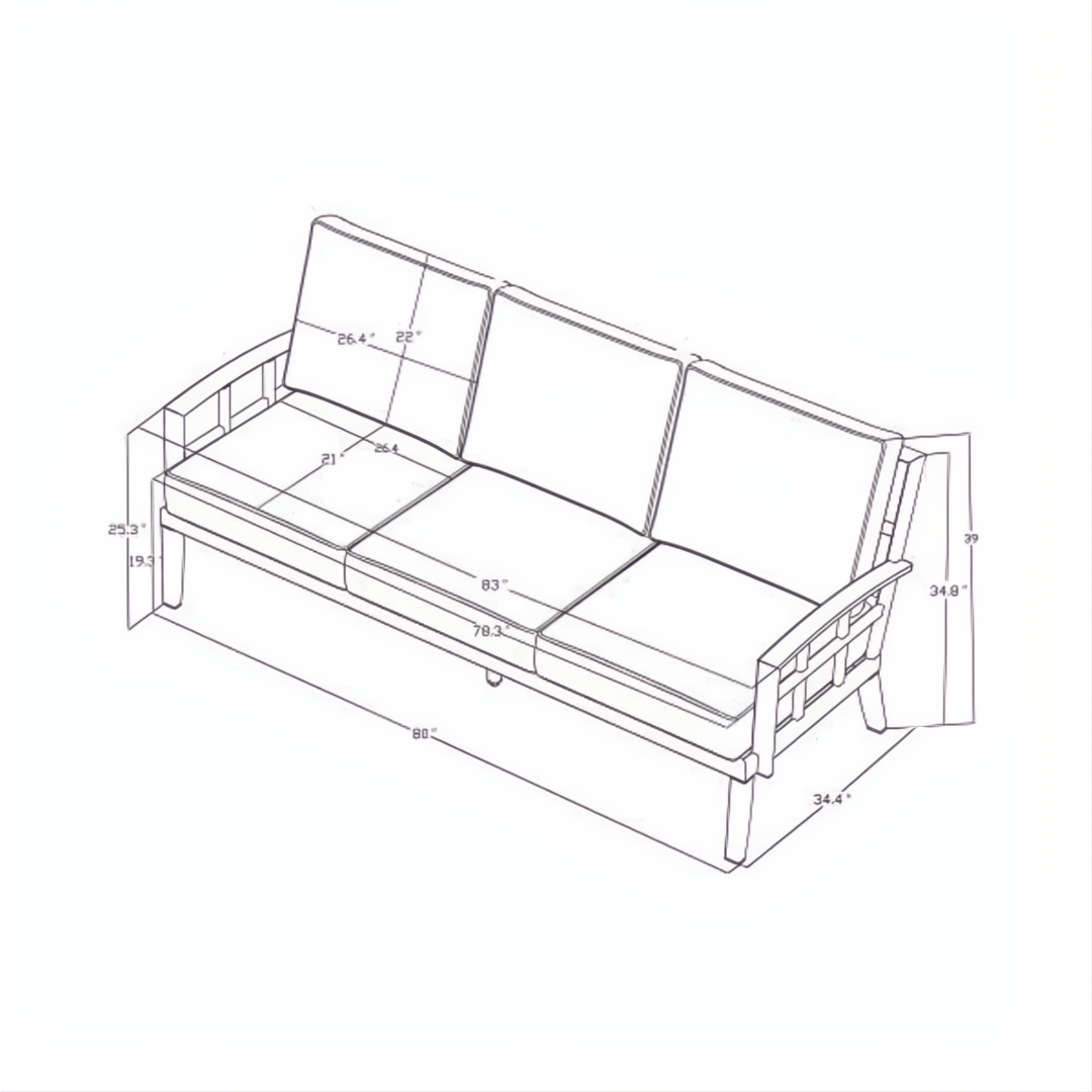 Surya Fairborn outdoor sofa blueprint with dimensions: 83" wide, 35" deep, 35" high.