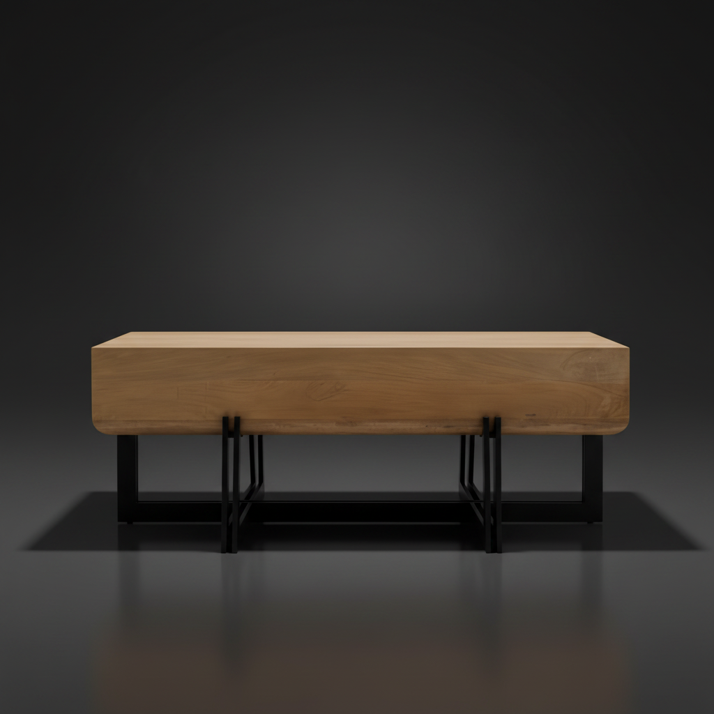 Surya Lowmax coffee table with a brown mango wood top and black cast iron base.