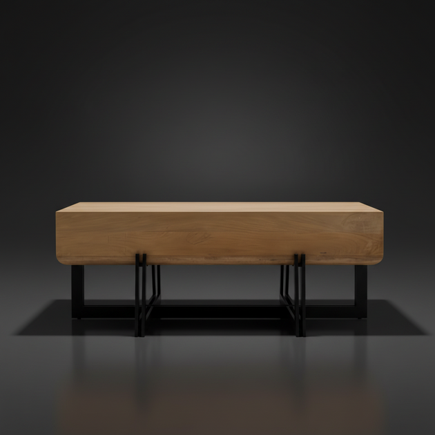 Surya Lowmax coffee table with a brown mango wood top and black cast iron base.
