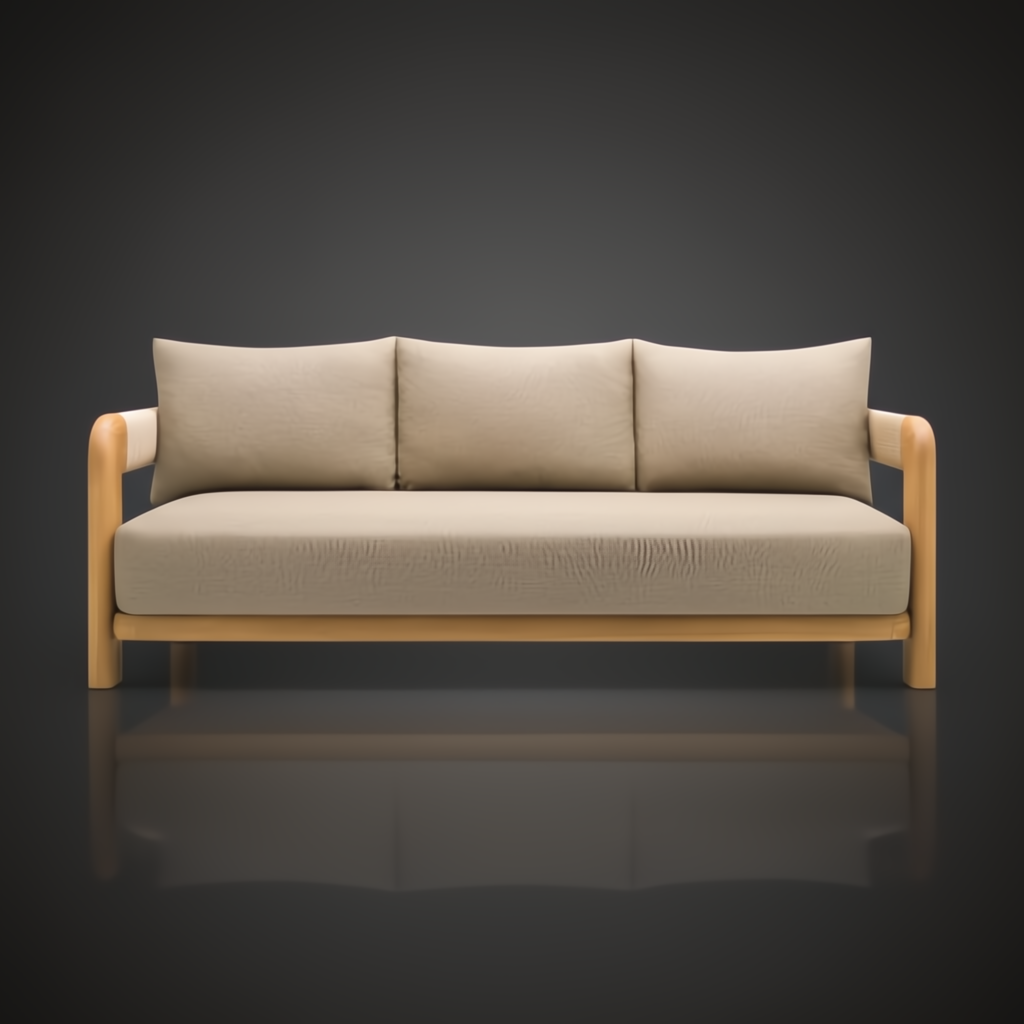 Surya Palma outdoor sofa with light beige Sunbrella upholstery and a natural teak wood frame.