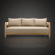 Surya Palma outdoor sofa with light beige Sunbrella upholstery and a natural teak wood frame.