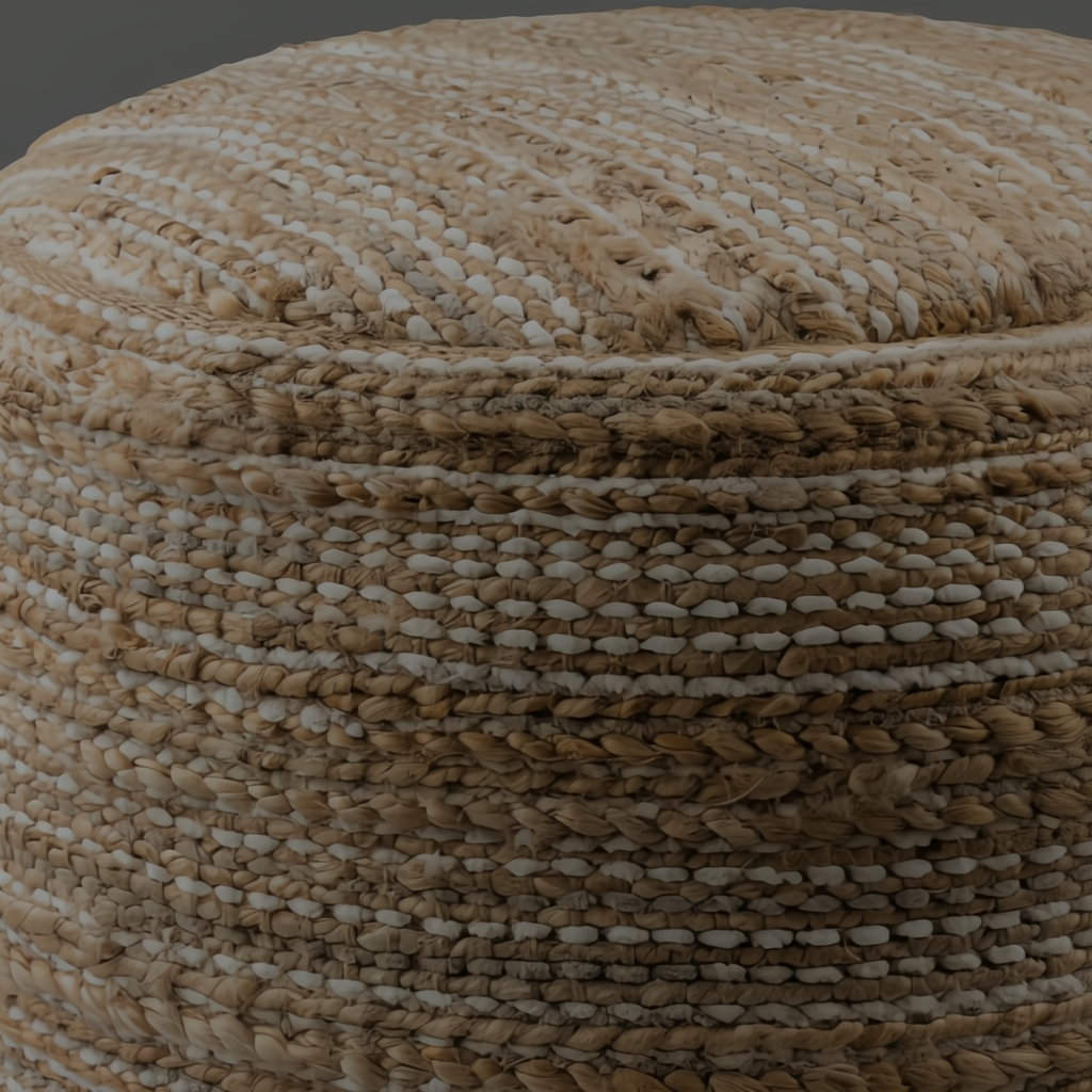 Camel Surya Denpasar pouf with woven jute and cotton top, raw edge detail, and polybead fill.
