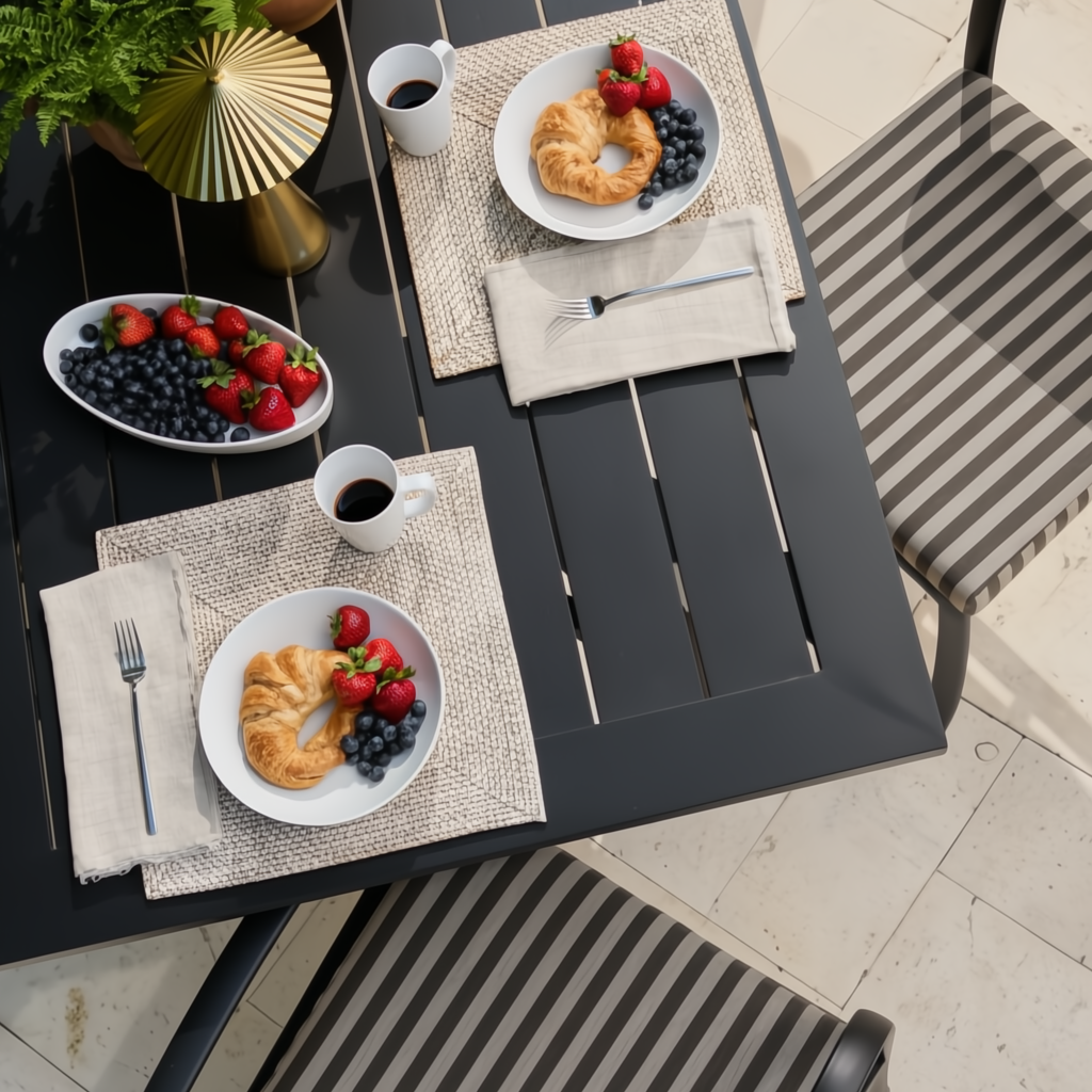 Black aluminum outdoor dining table with slatted top, set for two with breakfast and striped chairs.