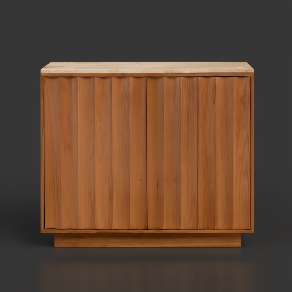 Mid-century modern Surya Skopa cabinet with beige marble top and lacquered beige white oak base.