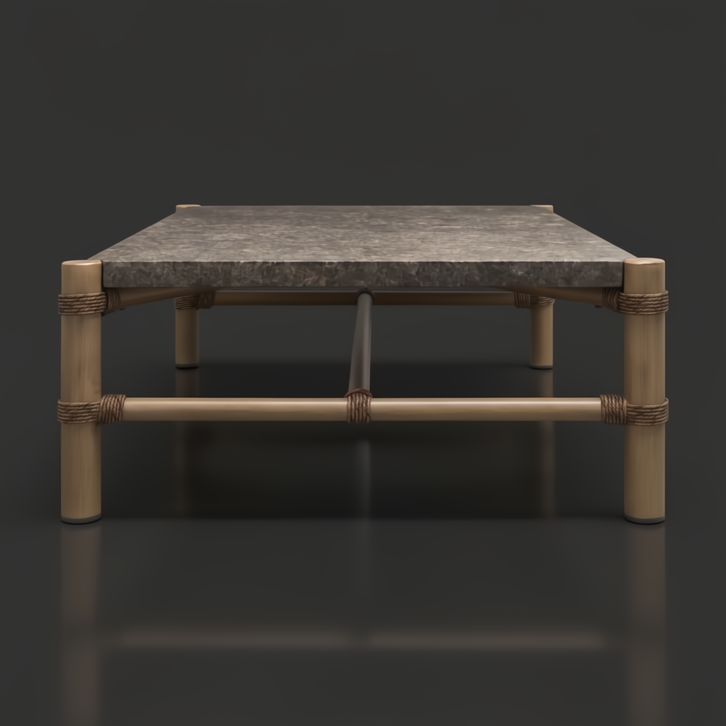 Surya Porta outdoor coffee table with charcoal matte stone top, brown aluminum base, and PE rope detail.
