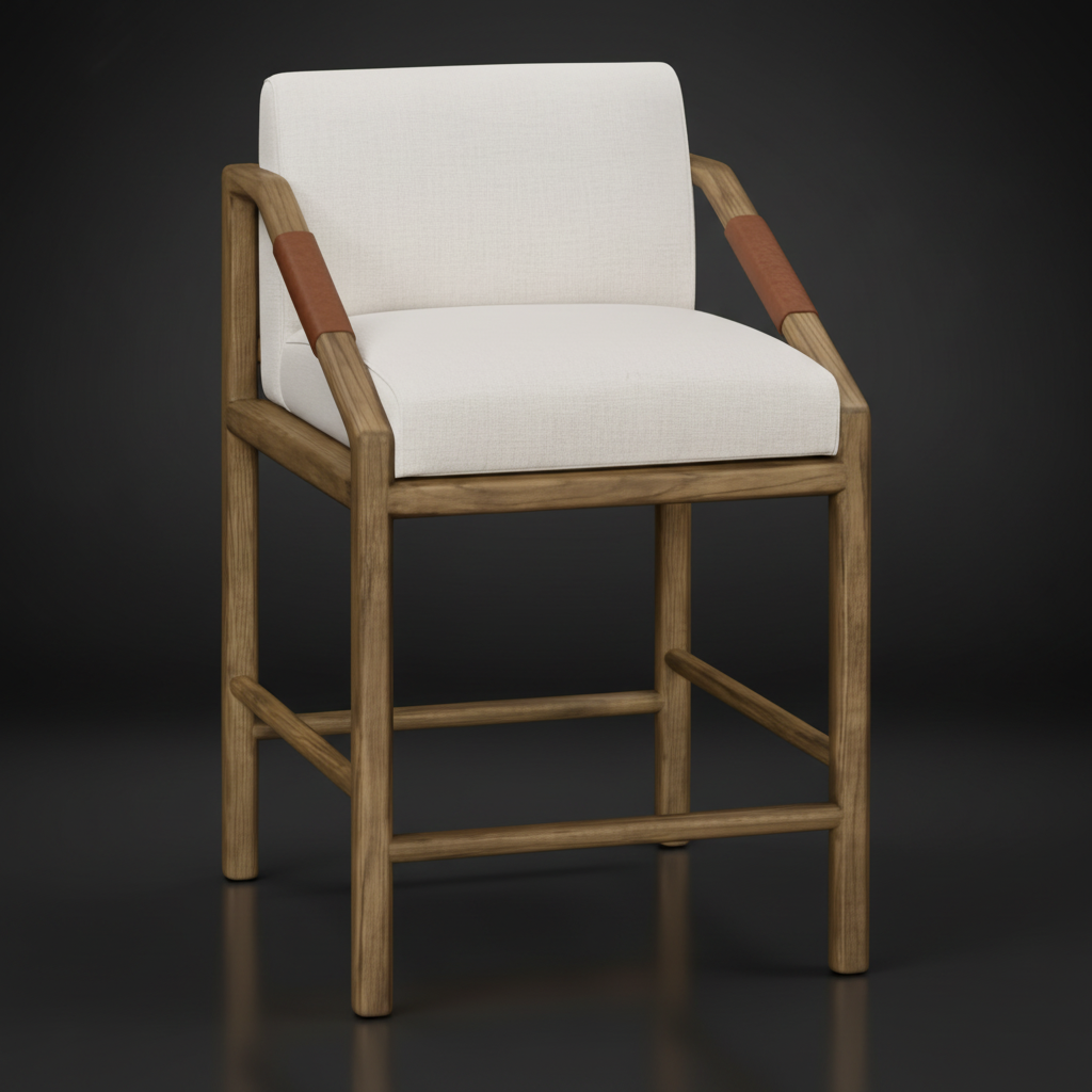 Surya Atra counter stool with light beige upholstery, brown red oak frame, and leather cord wrap.