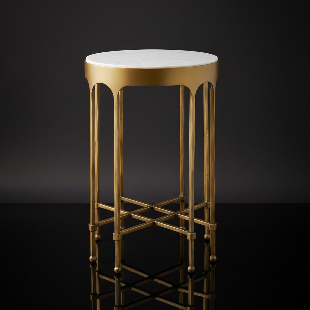 Surya Engel end table with a round white marble top and metallic brass iron base.