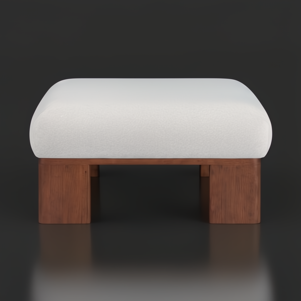 White polyester Lunara ottoman with a rounded top and sturdy brown rubber wood base.