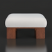 White polyester Lunara ottoman with a rounded top and sturdy brown rubber wood base.