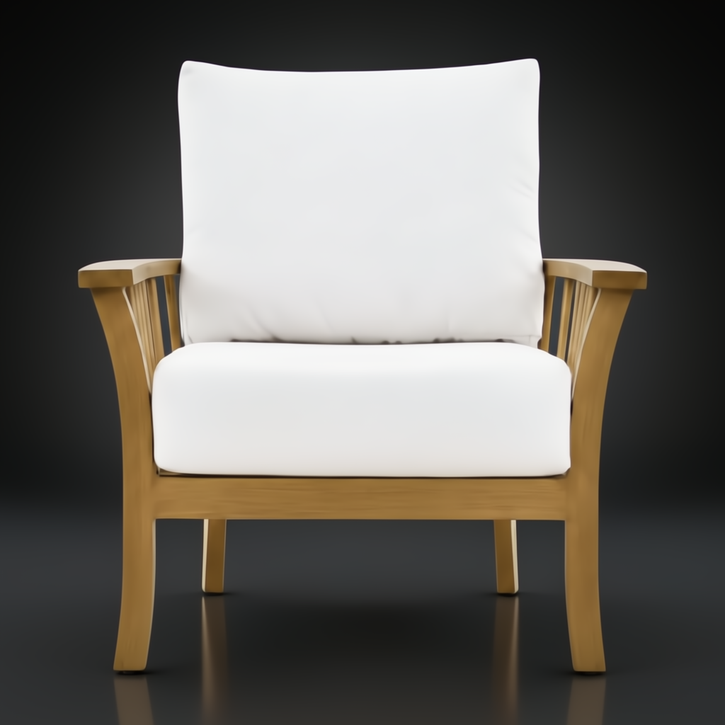 Surya Cape Town outdoor accent chair with white Sunbrella cushions and a wheat hand-painted aluminum base.
