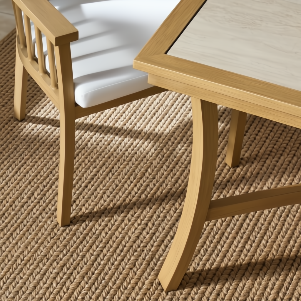 Surya Cape Town outdoor dining chair with white Sunbrella cushion and wheat aluminum base next to a matching table.