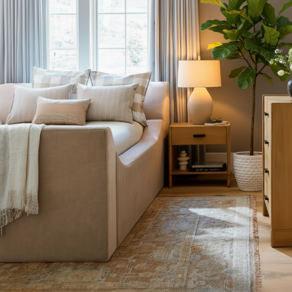 Bodo Nightstand with a brown oak base, white marble top, and a single drawer, next to a bed.