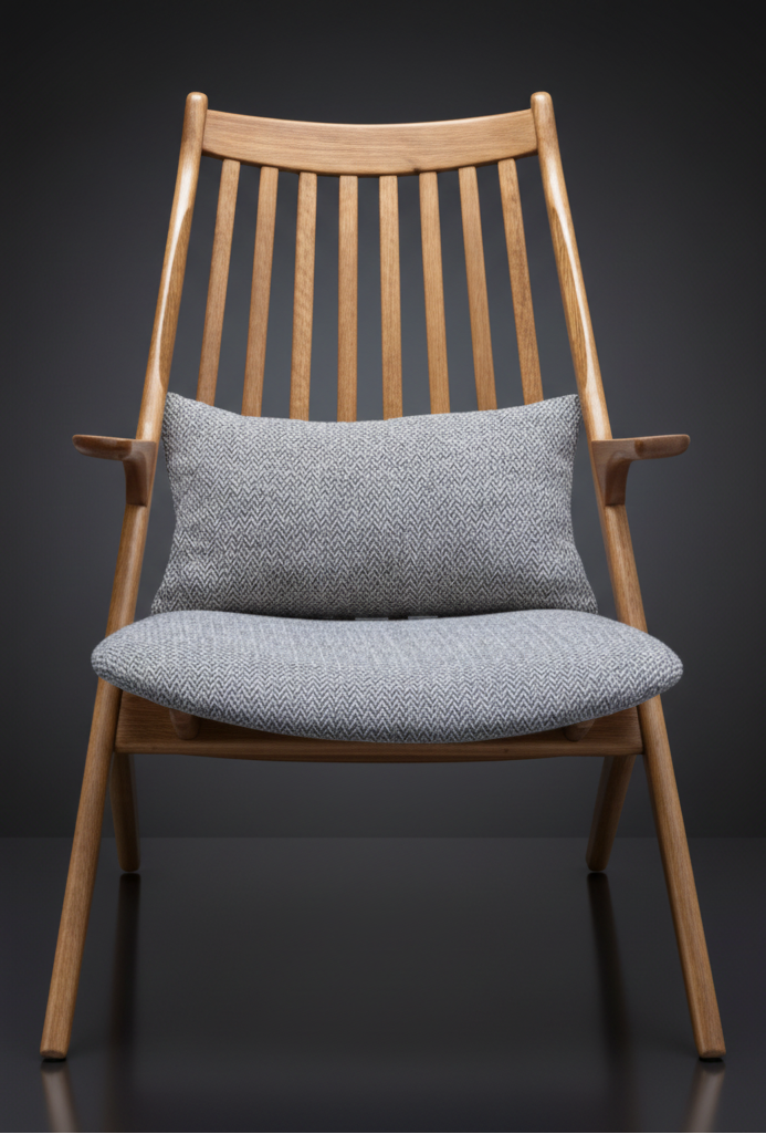 Mid-century modern accent chair with light wood frame and gray upholstered seat and lumbar pillow.