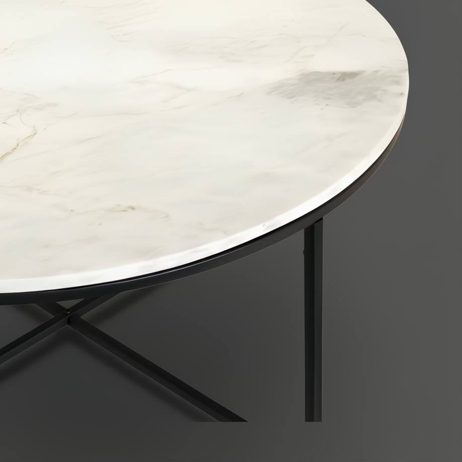 Round Surya Anastasia coffee table with white natural marble top and black matte iron base.